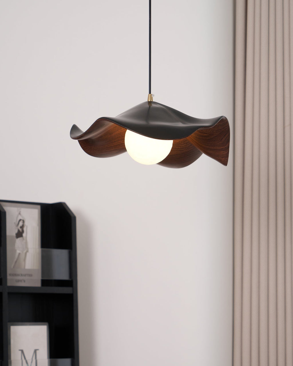 Pendant Lamp Resin Shade in White and Walnut for Living and Dining Room