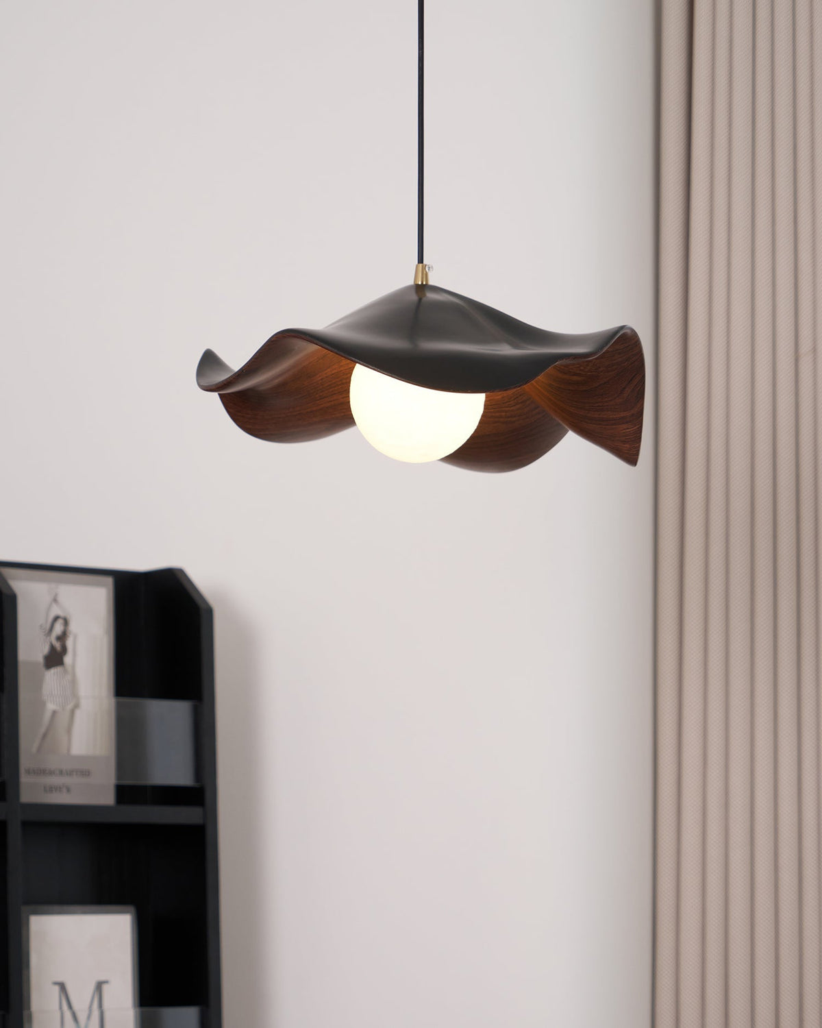 Pendant Lamp Resin Shade in White and Walnut for Living and Dining Room