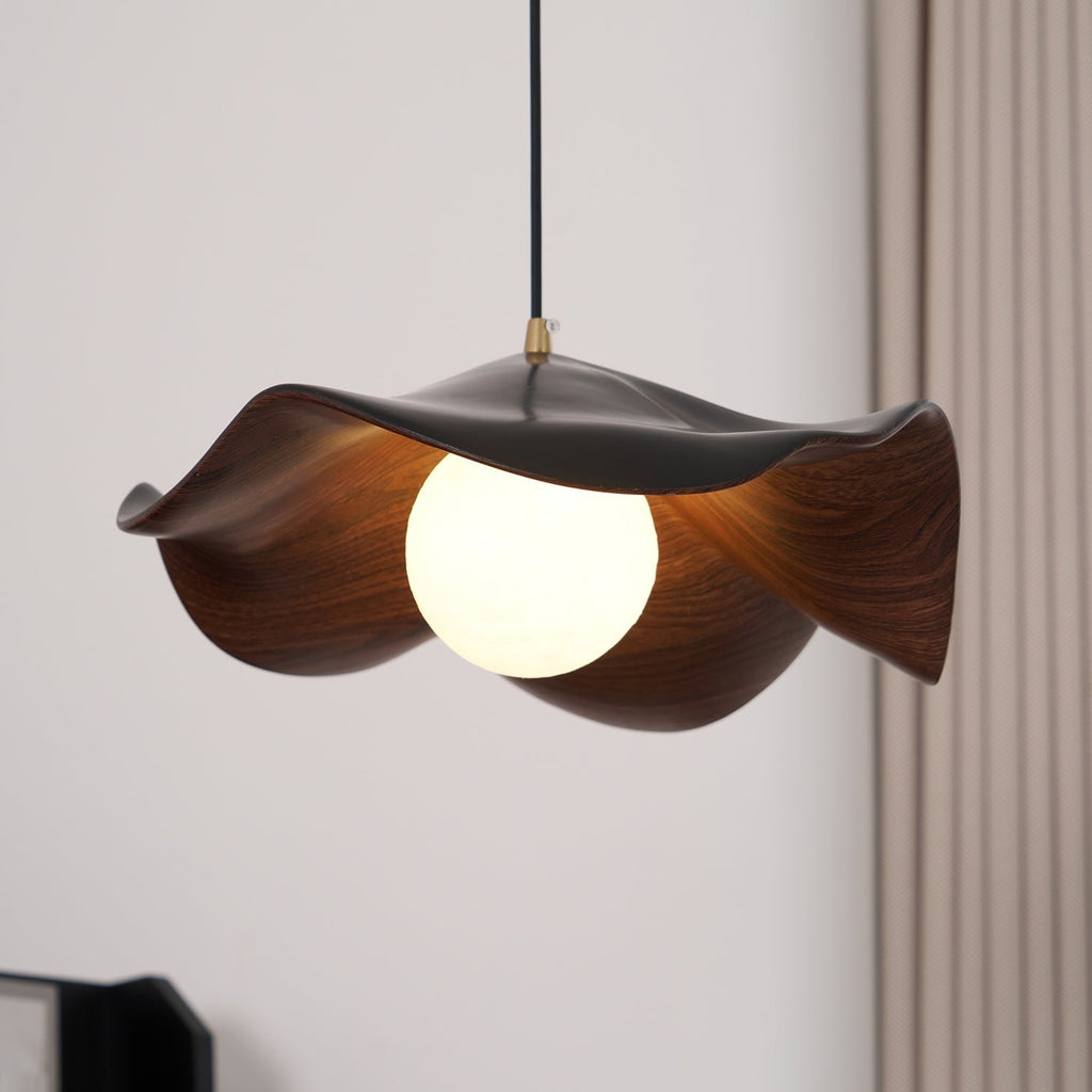Pendant Lamp Resin Shade in White and Walnut for Living and Dining Room