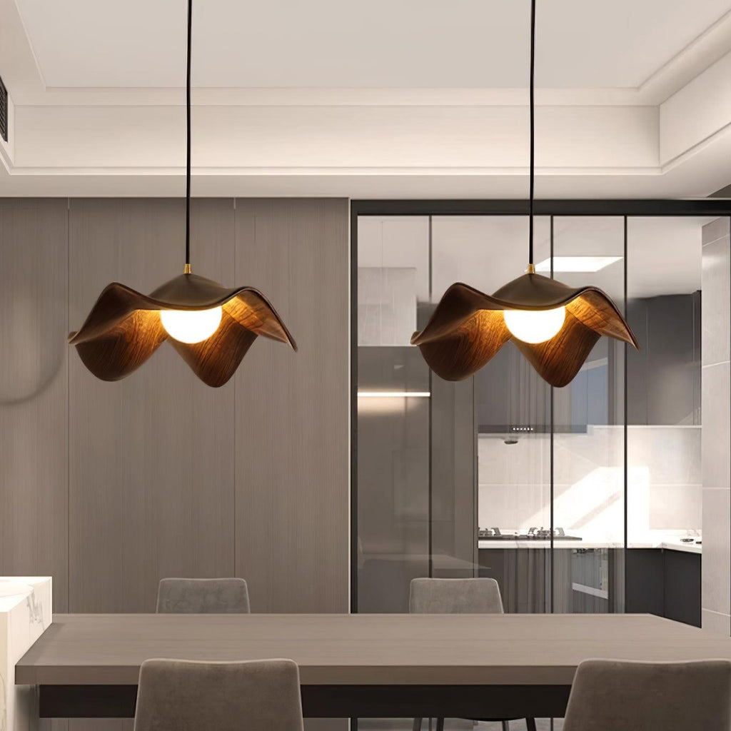 Pendant Lamp Resin Shade in White and Walnut for Living and Dining Room