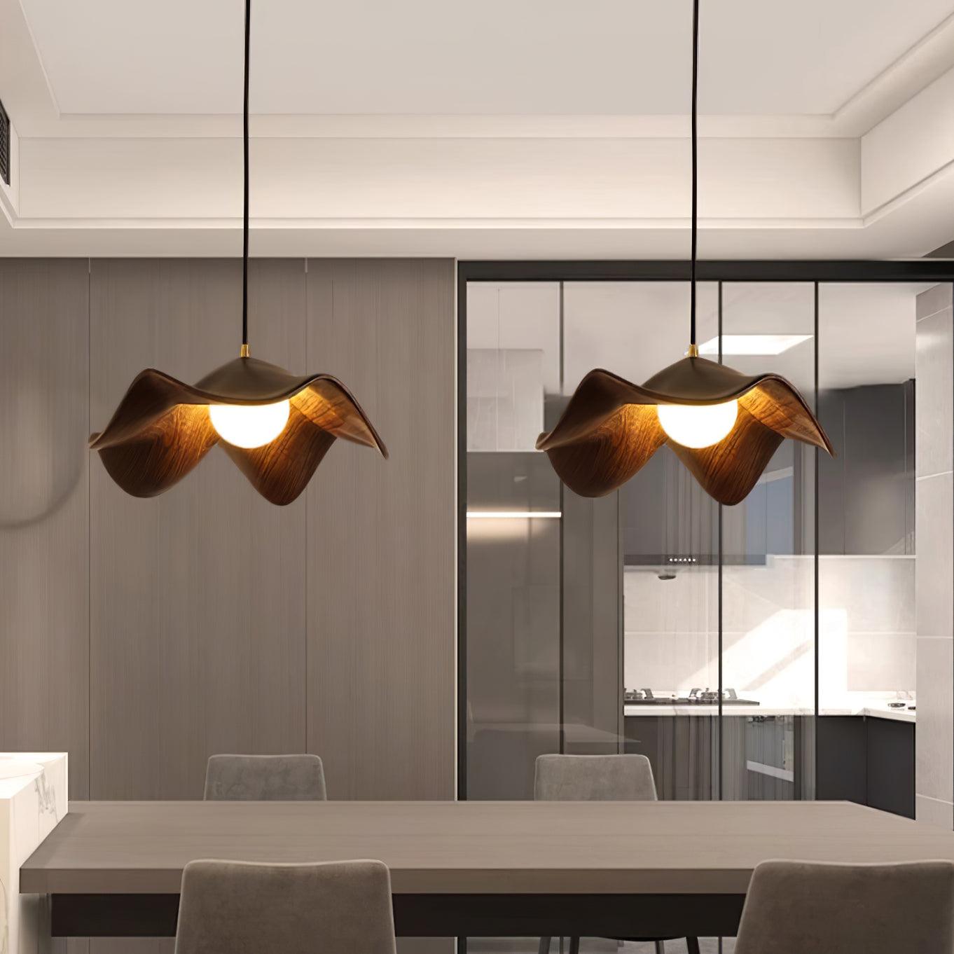 Pendant Lamp Resin Shade in White and Walnut for Living and Dining Room
