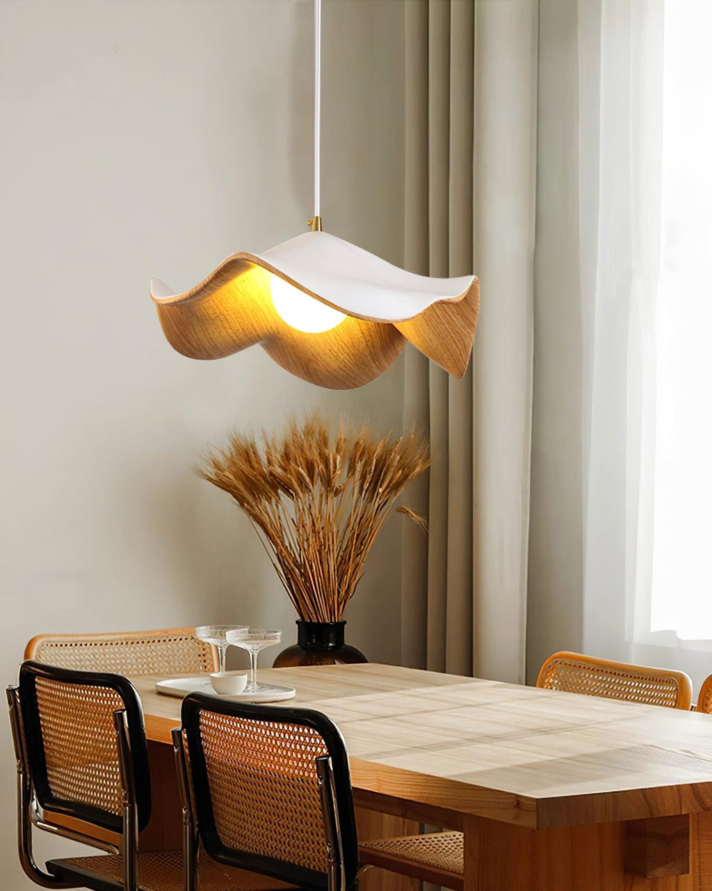 Pendant Lamp Resin Shade in White and Walnut for Living and Dining Room