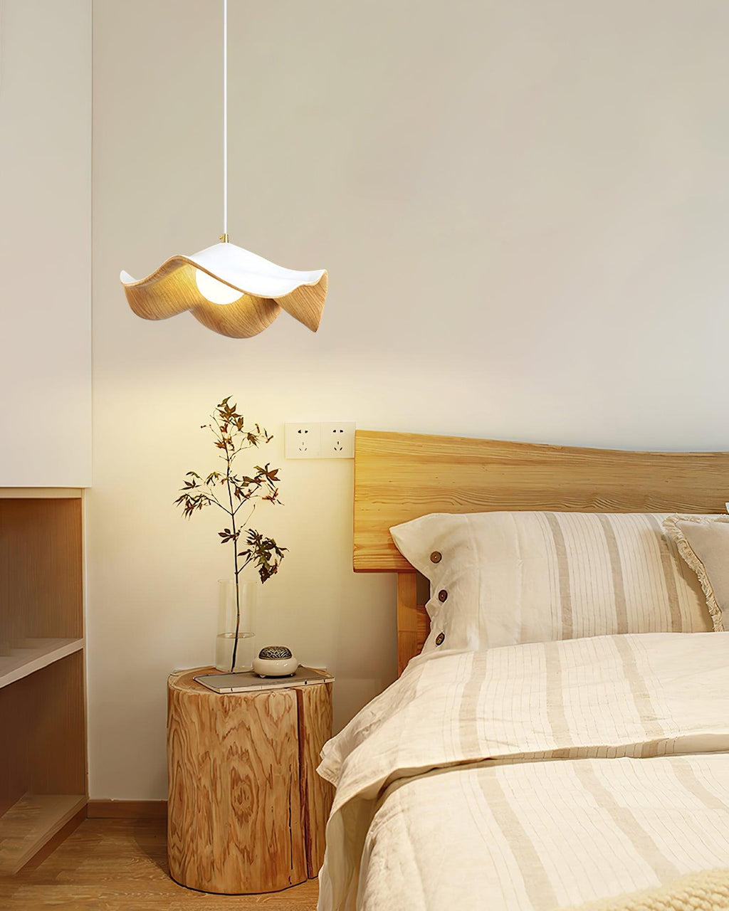 Pendant Lamp Resin Shade in White and Walnut for Living and Dining Room