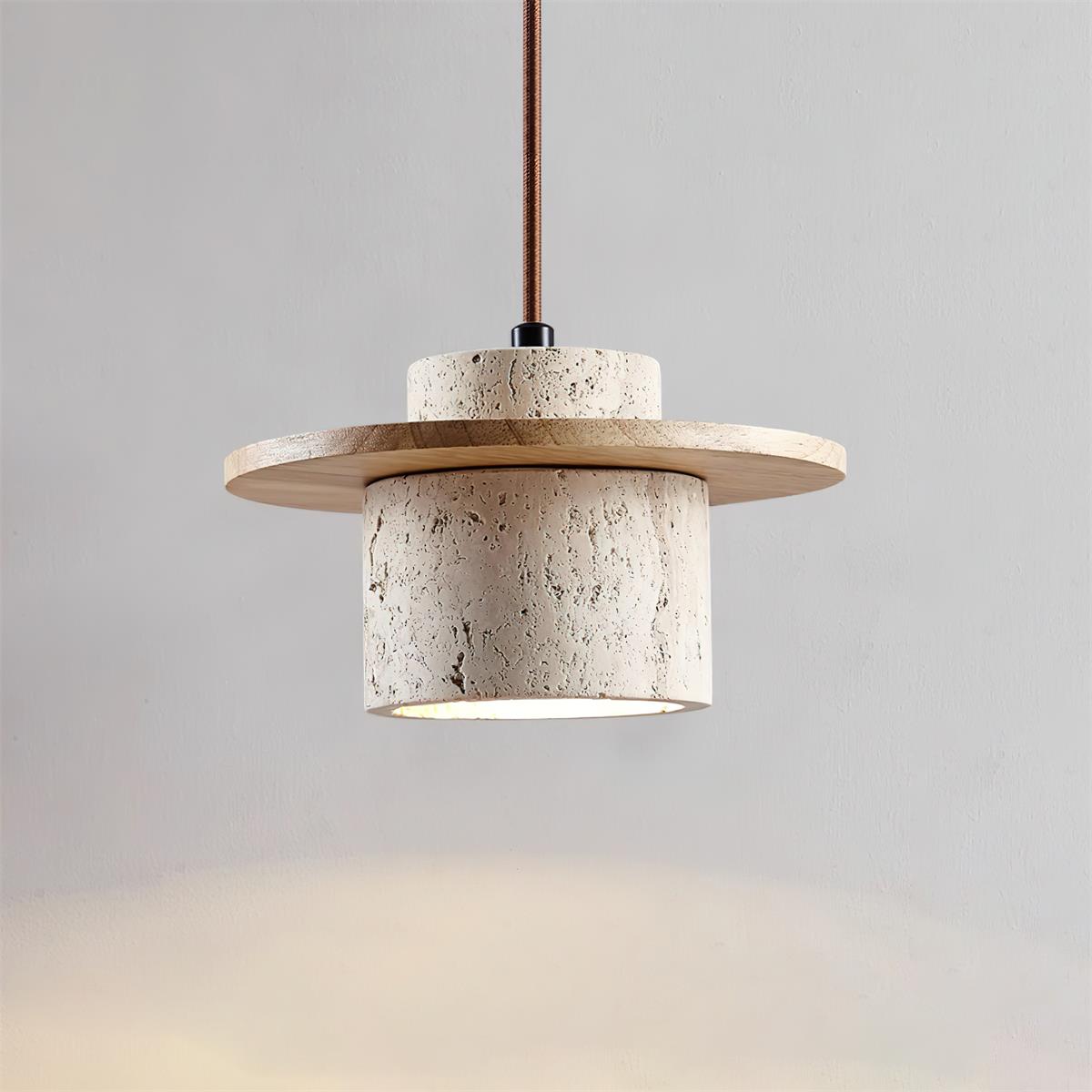 Pendant Lamp Travertine Cylinder Walnut Wood Disc Artisanal