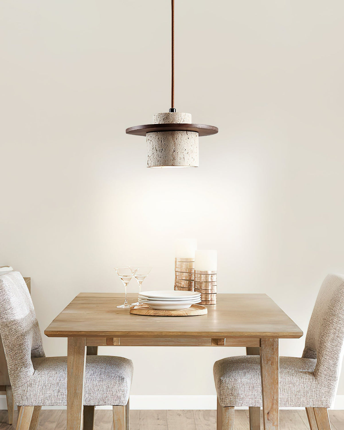 Pendant Lamp Travertine Cylinder Walnut Wood Disc Artisanal