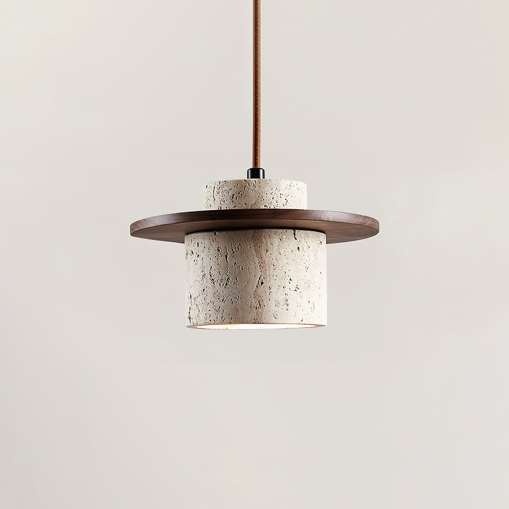 Pendant Lamp Travertine Cylinder Walnut Wood Disc Artisanal