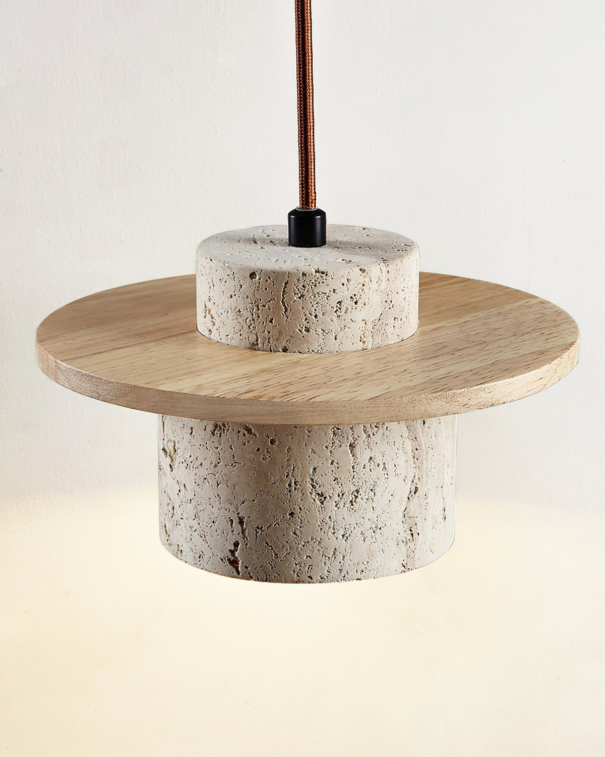 Pendant Lamp Travertine Cylinder Walnut Wood Disc Artisanal