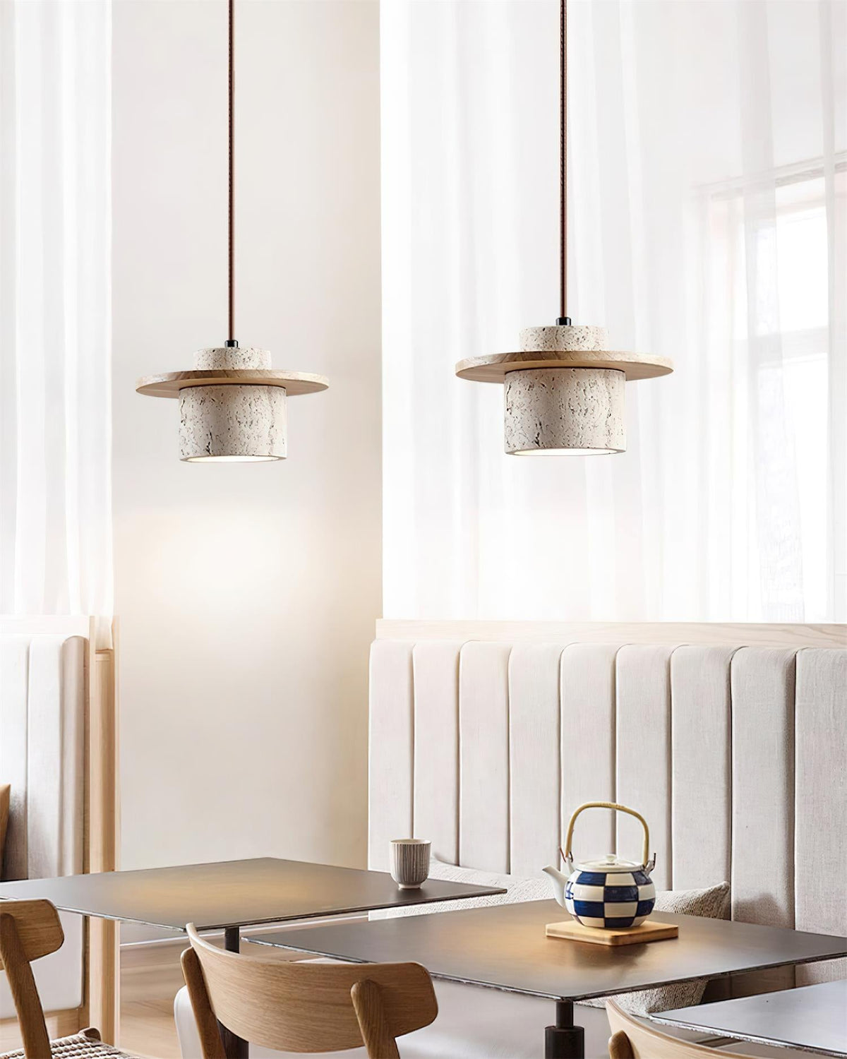 Pendant Lamp Travertine Cylinder Walnut Wood Disc Artisanal