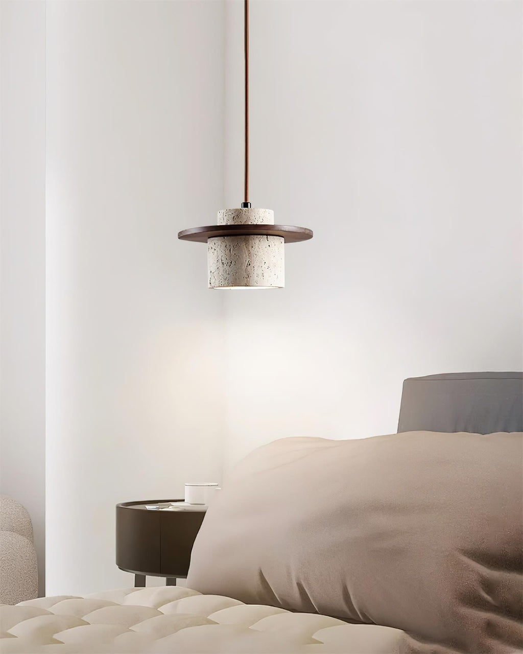 Pendant Lamp Travertine Cylinder Walnut Wood Disc Artisanal