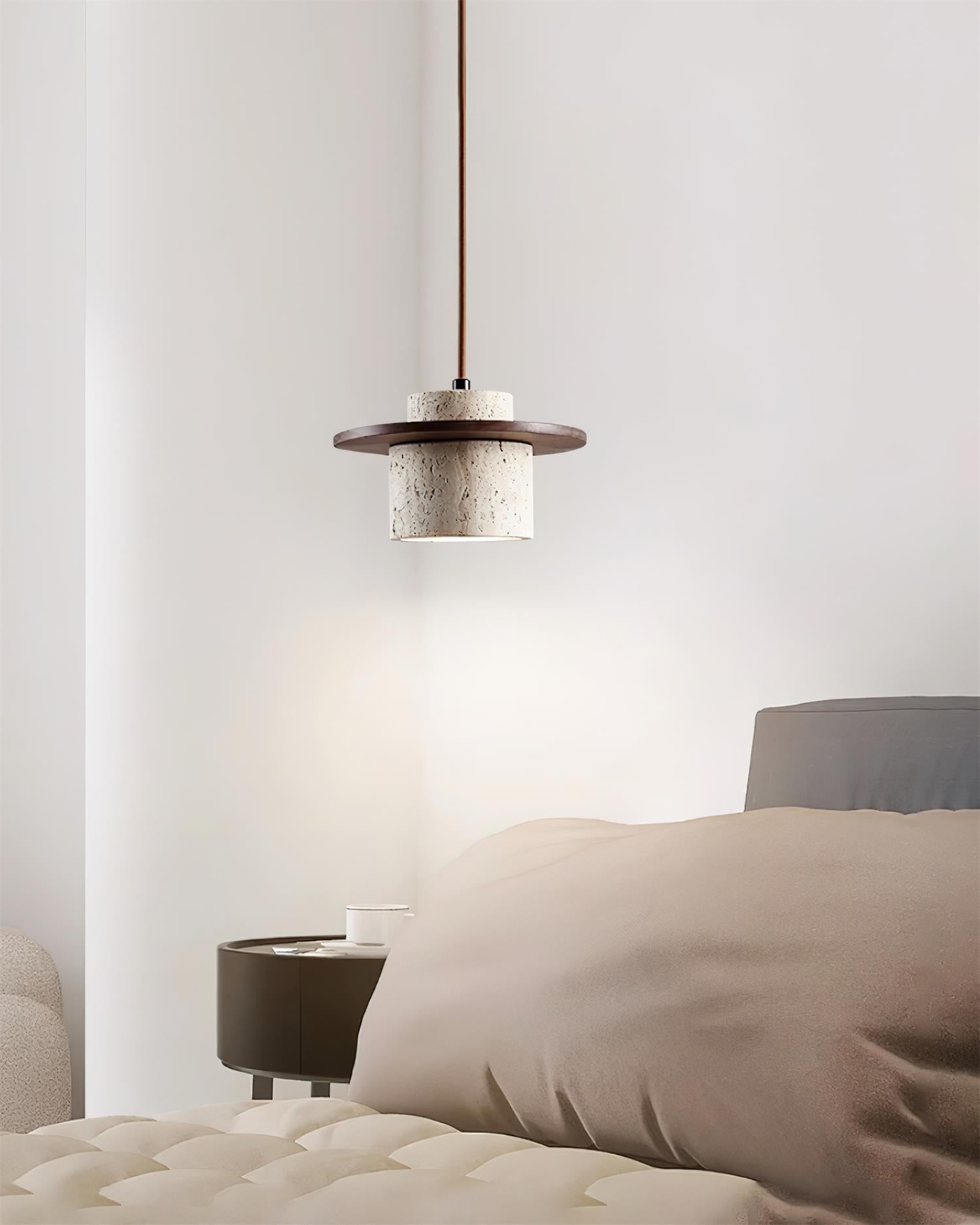 Pendant Lamp Travertine Cylinder Walnut Wood Disc Artisanal