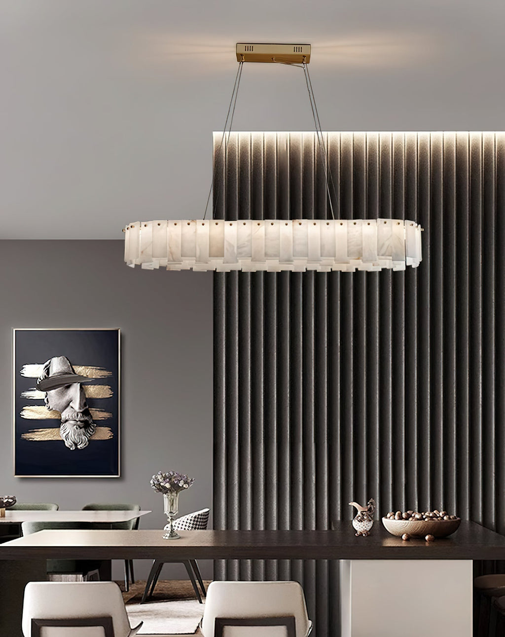Aero Postmodern Luxury Round Brass Alabaster Chandelier