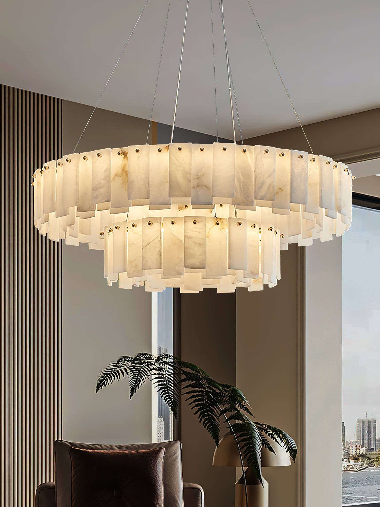 Aero Postmodern Luxury Round Brass Alabaster Chandelier