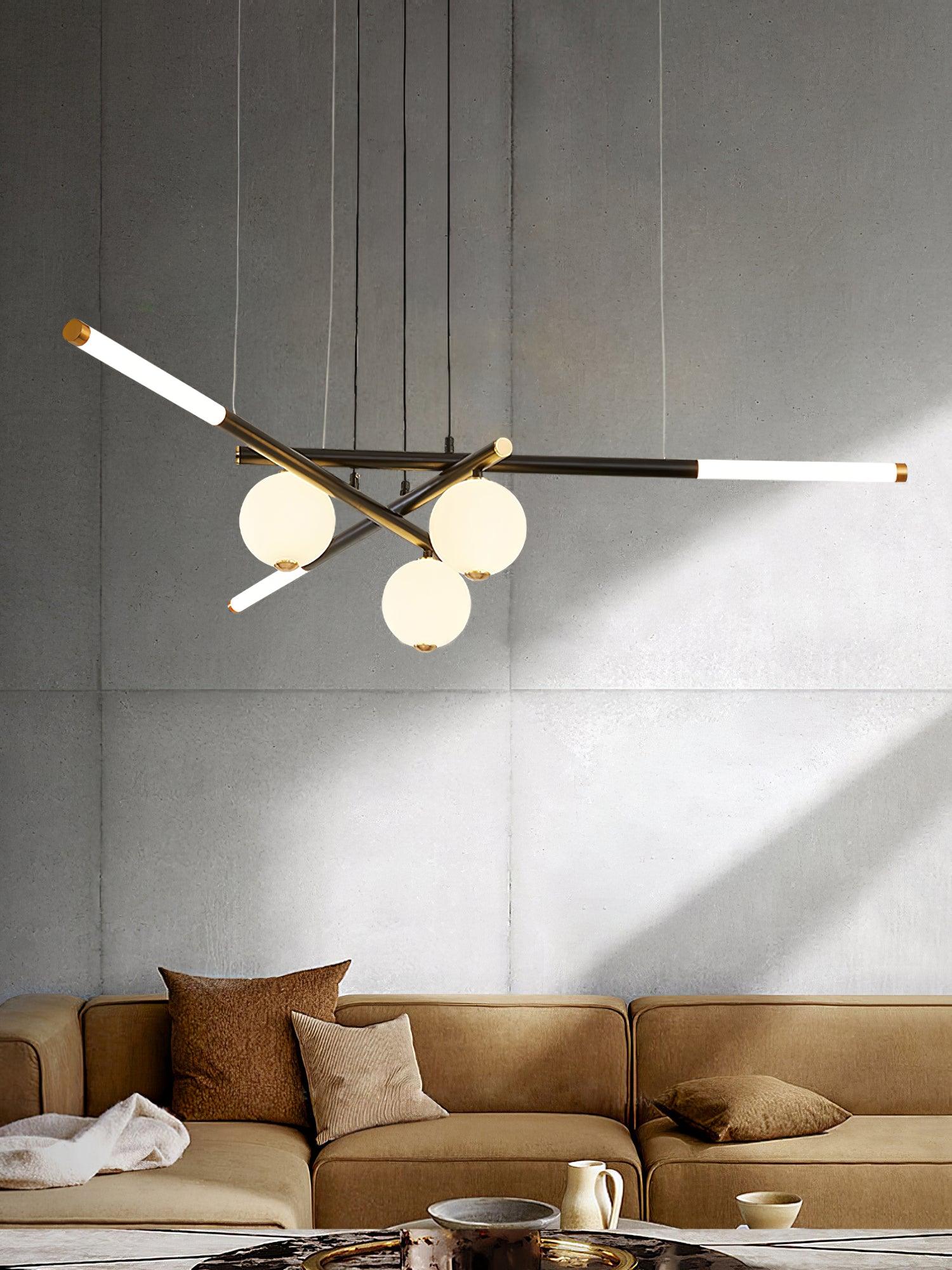 Chandelier Black White Rods and Globe Modern