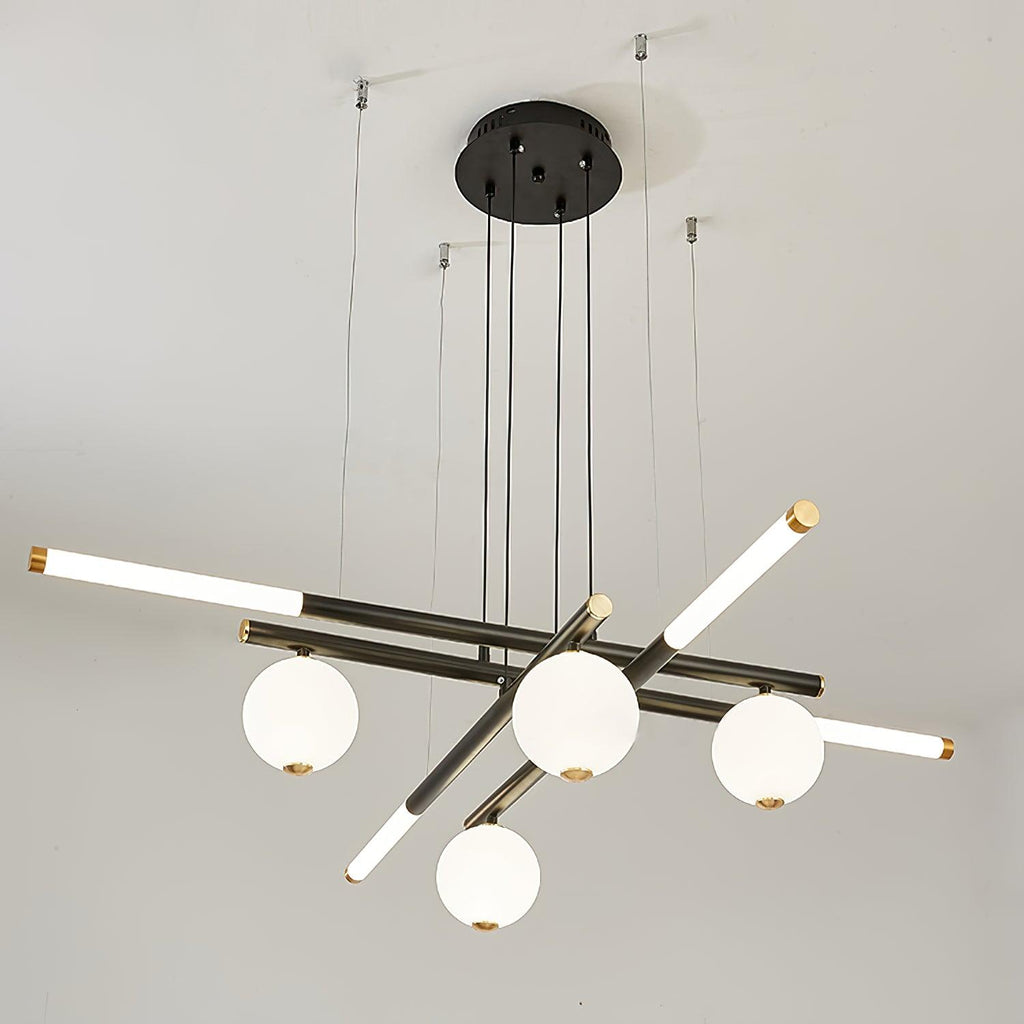 Chandelier Black White Rods and Globe Modern