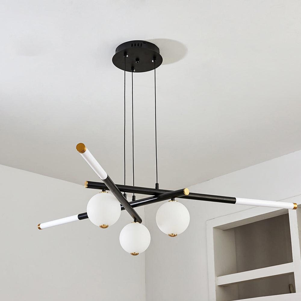 Chandelier Black White Rods and Globe Modern