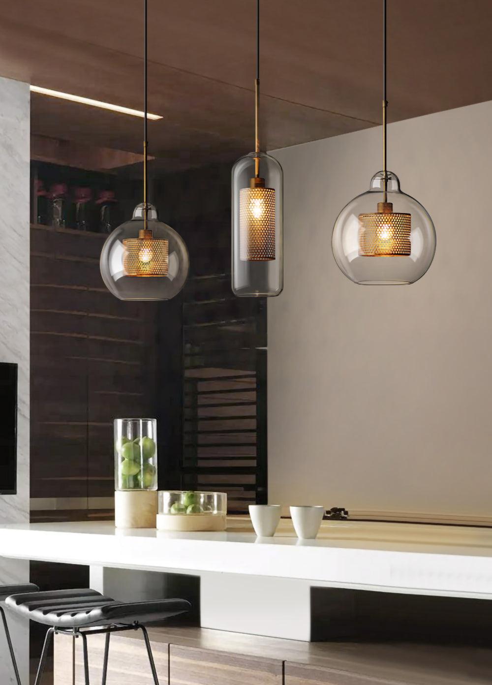 Lustra Pendant Lamp Glass Gold Mesh for Dining Room