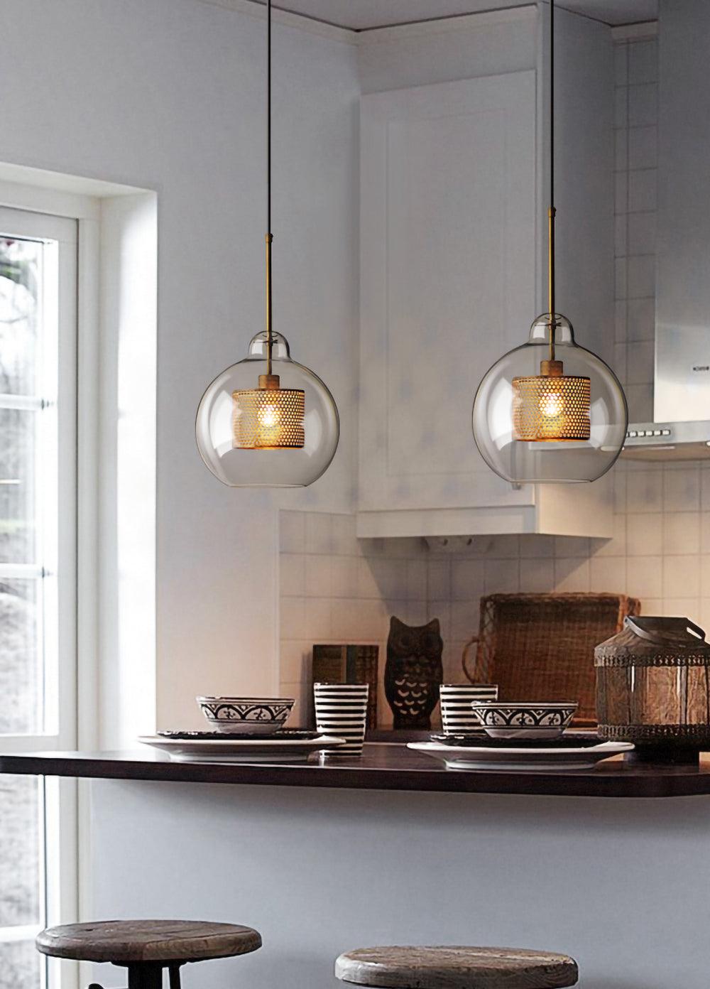 Lustra Pendant Lamp Glass Gold Mesh for Dining Room