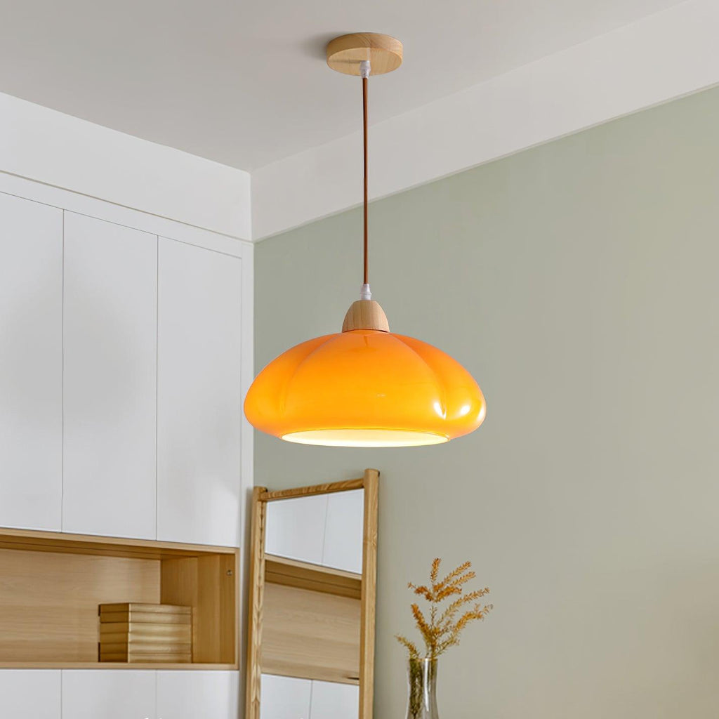 Pendant Lamp Rounded Glass Shade Wood Accent Playful Modern Touch