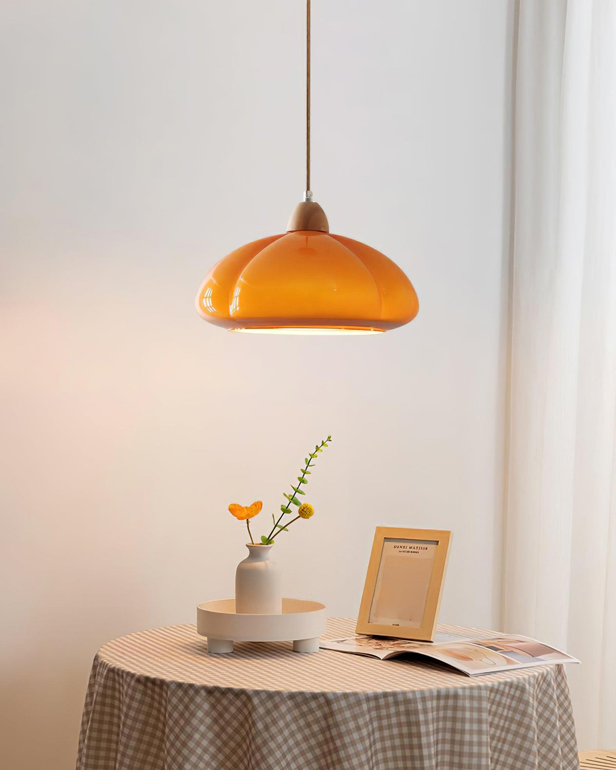Pendant Lamp Rounded Glass Shade Wood Accent Playful Modern Touch