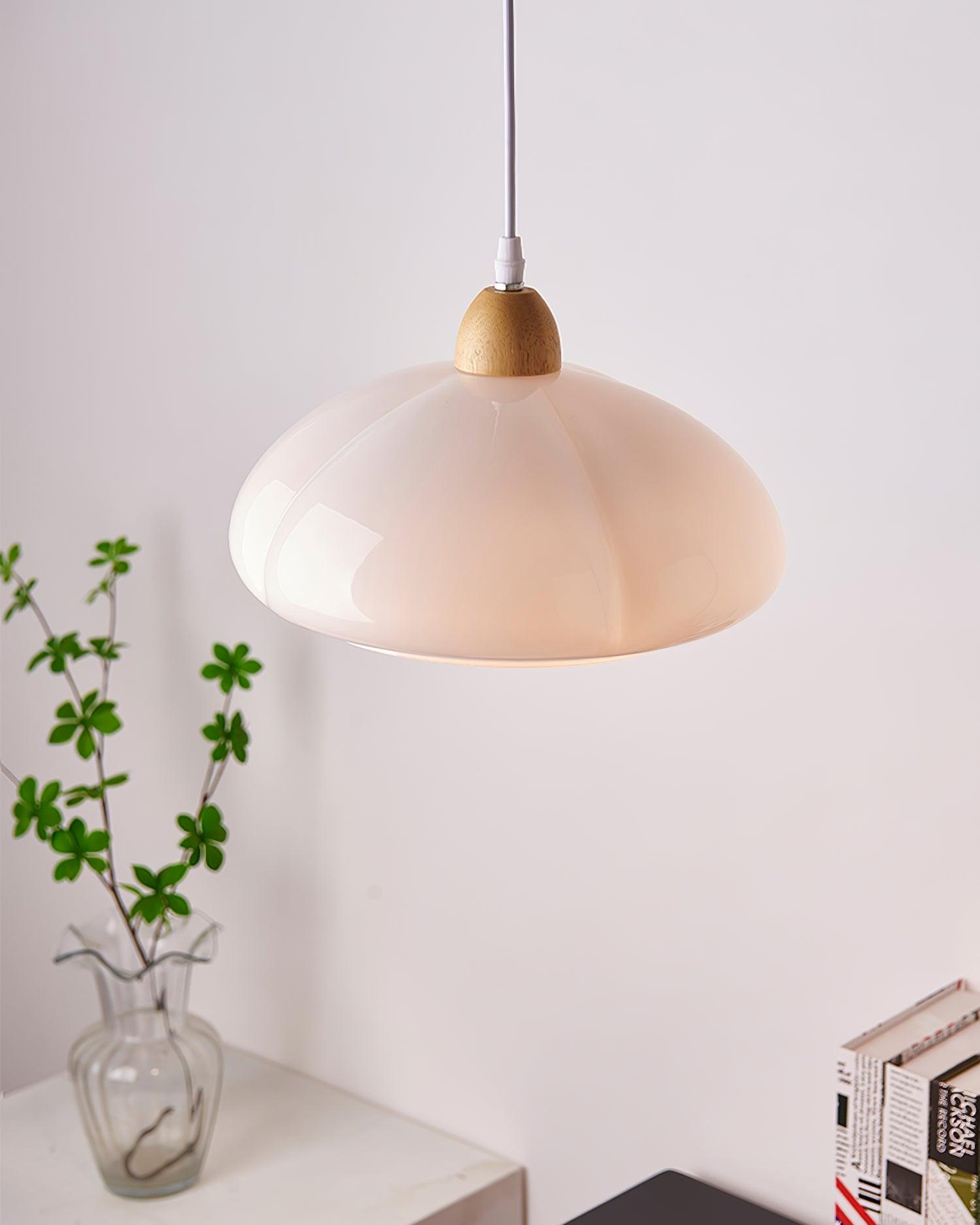 Pendant Lamp Rounded Glass Shade Wood Accent Playful Modern Touch