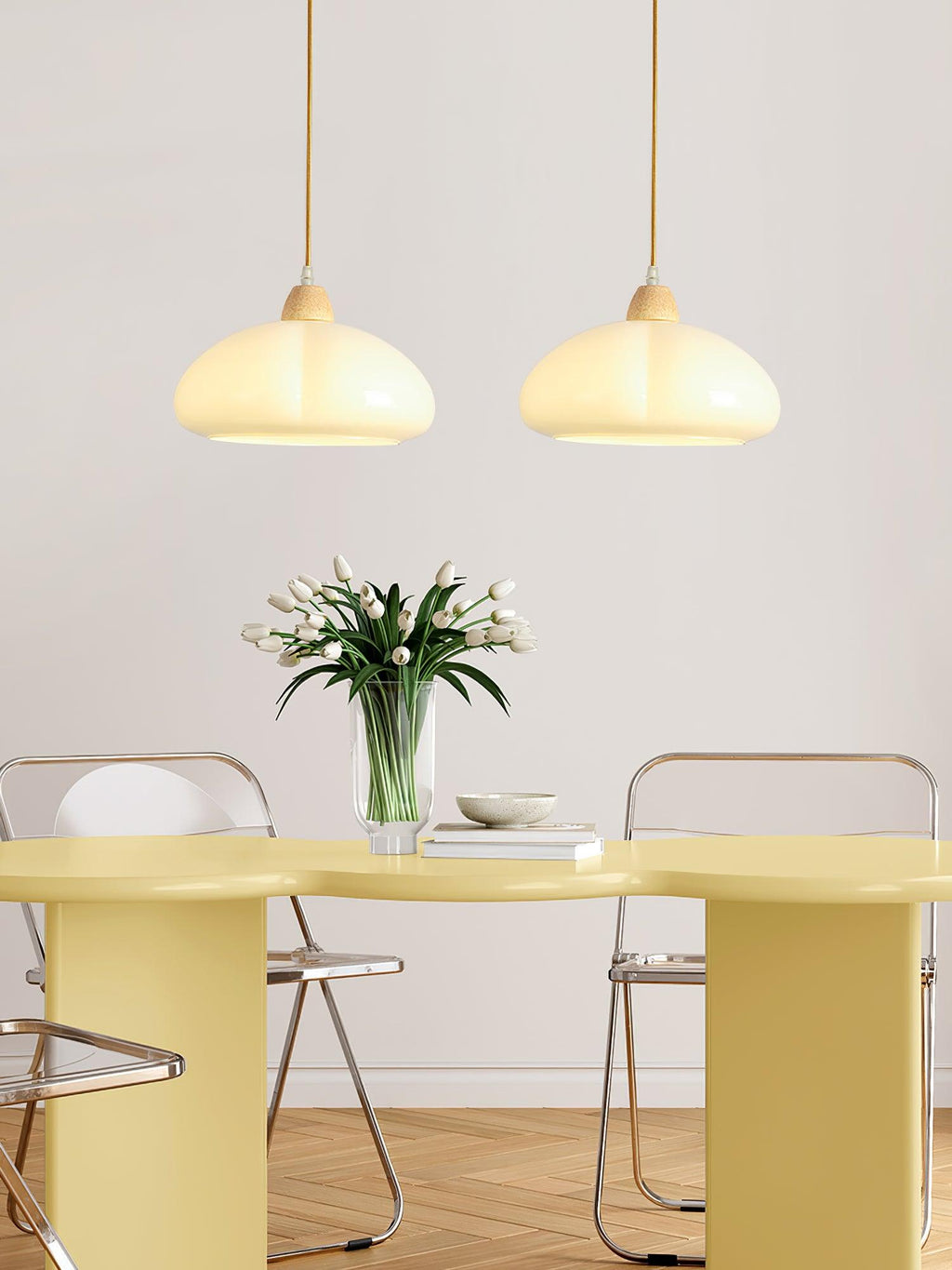 Pendant Lamp Rounded Glass Shade Wood Accent Playful Modern Touch