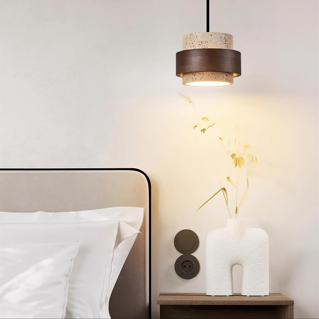 Avone Travertine and Walnut Plug-In Pendant Light