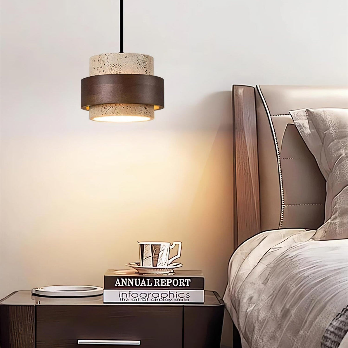 Avone Travertine and Walnut Plug-In Pendant Light
