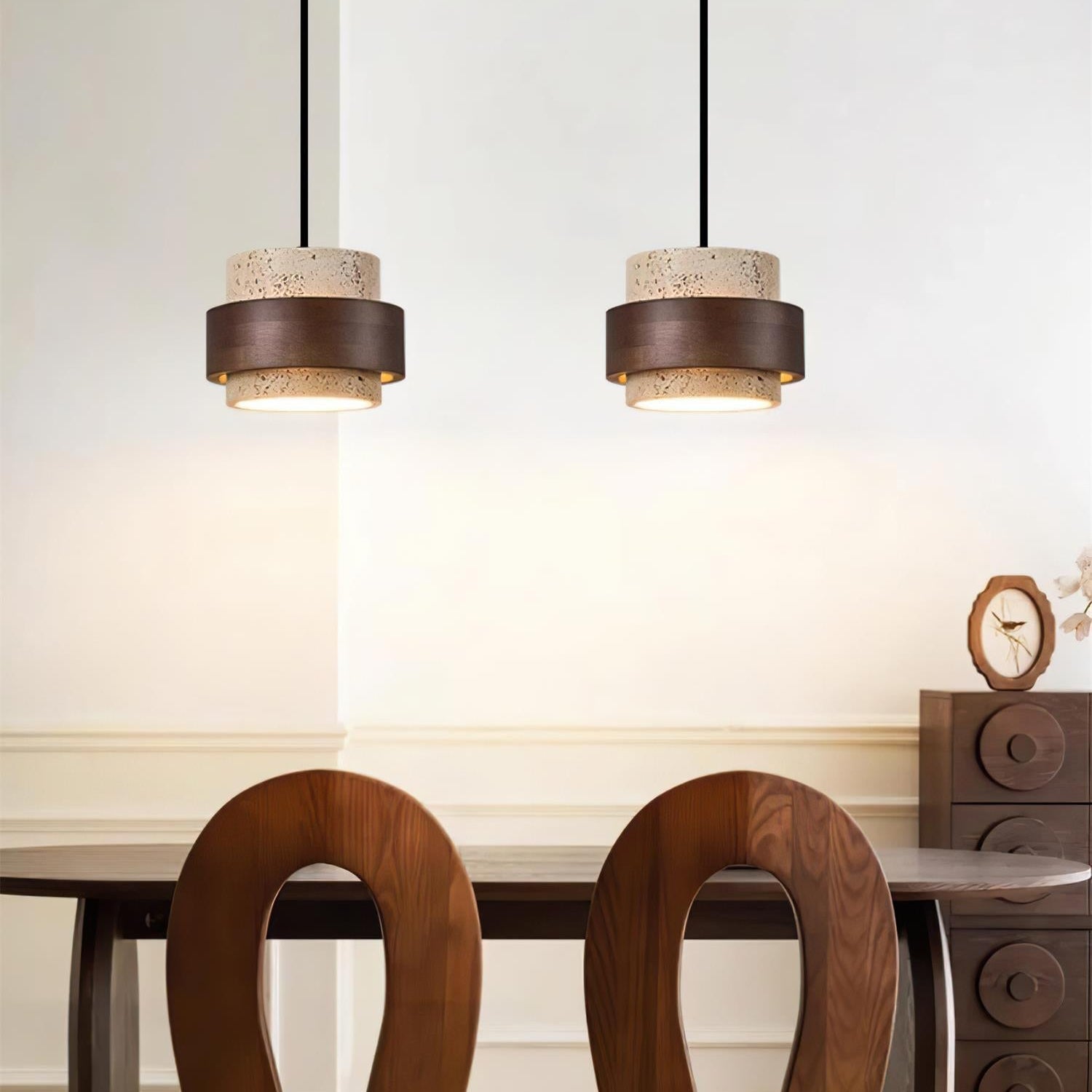 Avone Travertine and Walnut Plug-In Pendant Light