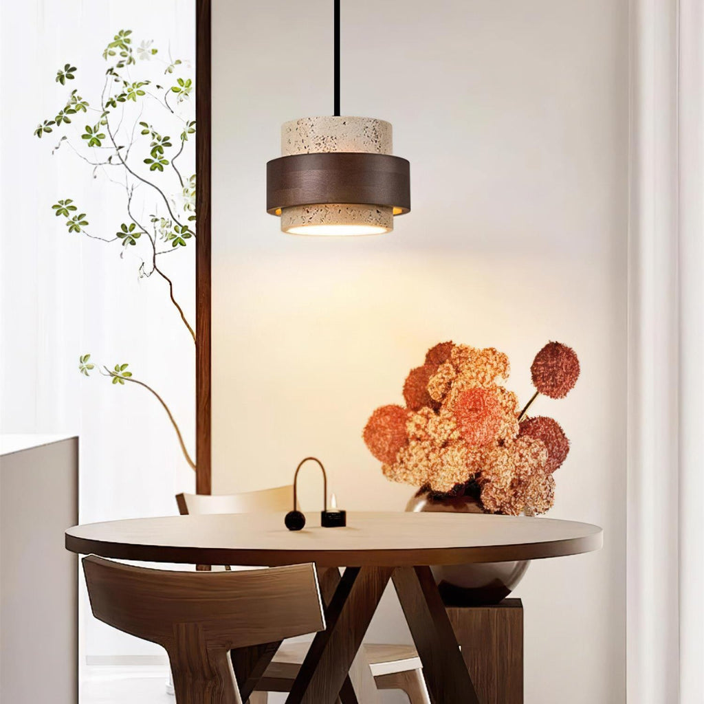 Avone Travertine and Walnut Plug-In Pendant Light
