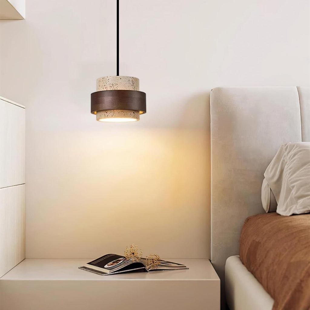 Avone Travertine and Walnut Plug-In Pendant Light