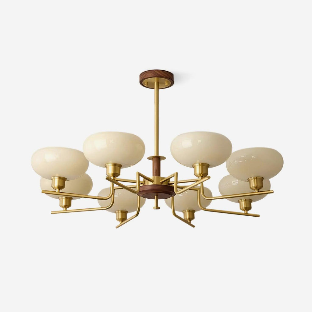 Chandelier Wood & Brass Frame Glass Shades Medieval Ambience