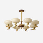 Chandelier Wood & Brass Frame Glass Shades Medieval Ambience