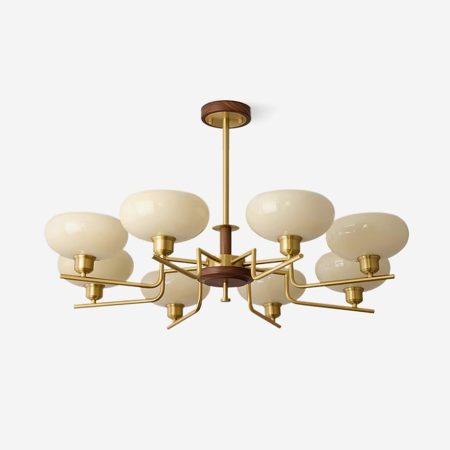 Chandelier Wood & Brass Frame Glass Shades Medieval Ambience