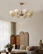 Chandelier Wood & Brass Frame Glass Shades Medieval Ambience