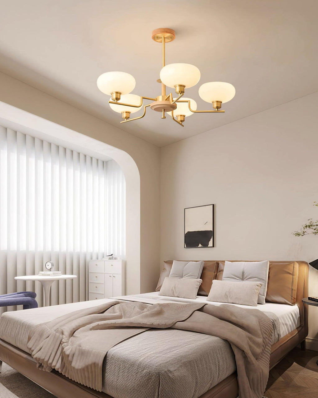 Chandelier Wood & Brass Frame Glass Shades Medieval Ambience