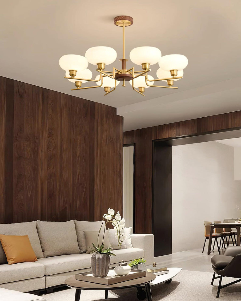 Chandelier Wood & Brass Frame Glass Shades Medieval Ambience
