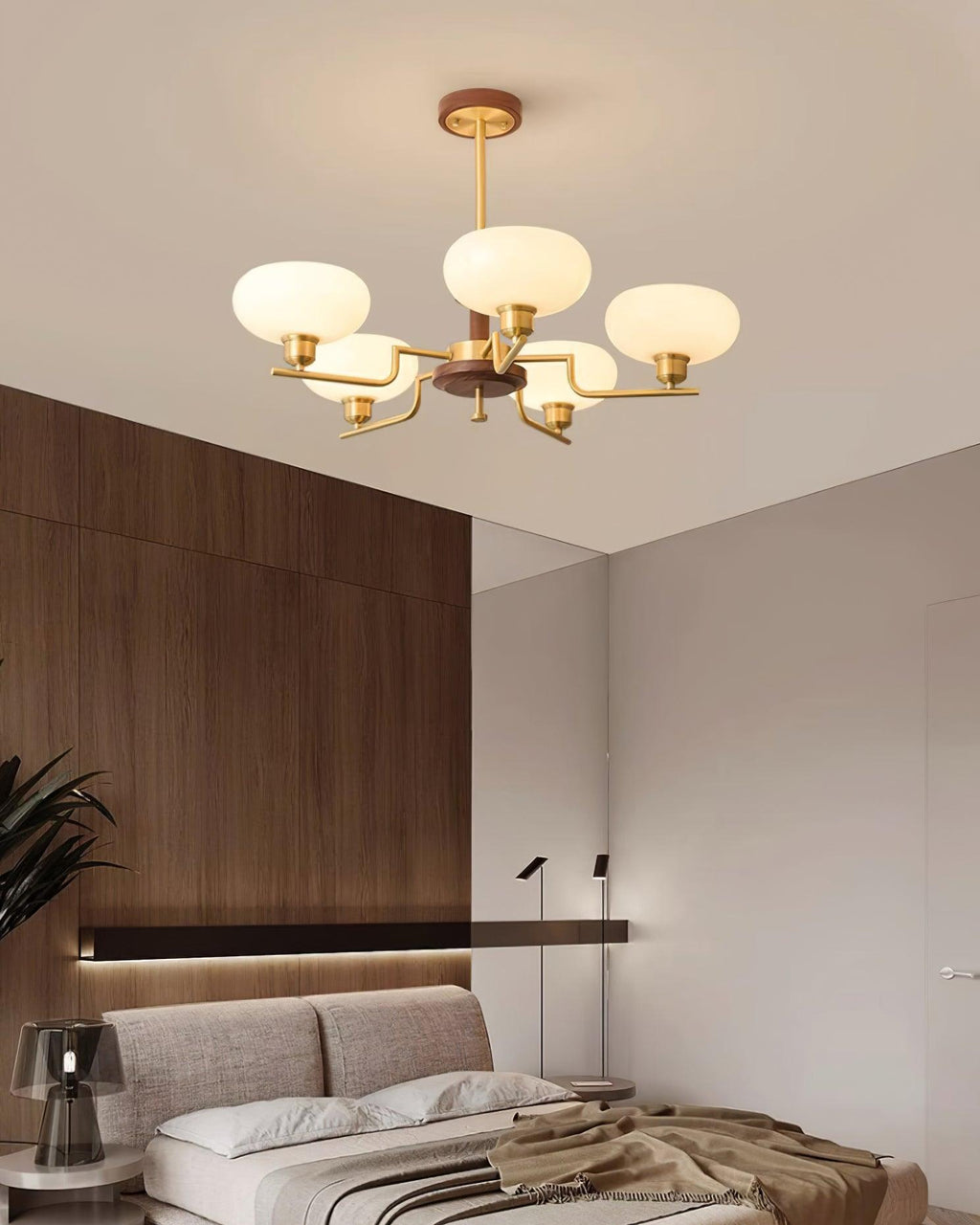 Chandelier Wood & Brass Frame Glass Shades Medieval Ambience