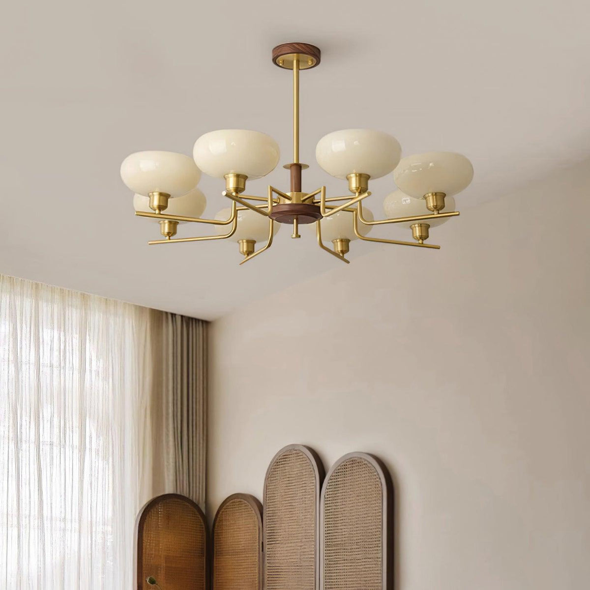 Chandelier Wood & Brass Frame Glass Shades Medieval Ambience