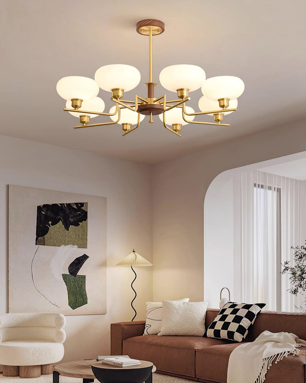 Chandelier Wood & Brass Frame Glass Shades Medieval Ambience