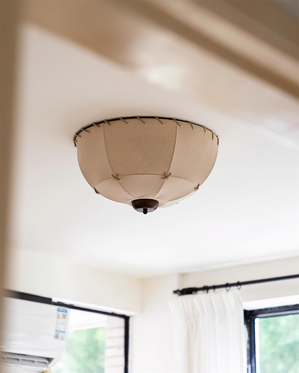 Ceiling Light Handcrafted Shade Wood and Fabric Rustic Fixture