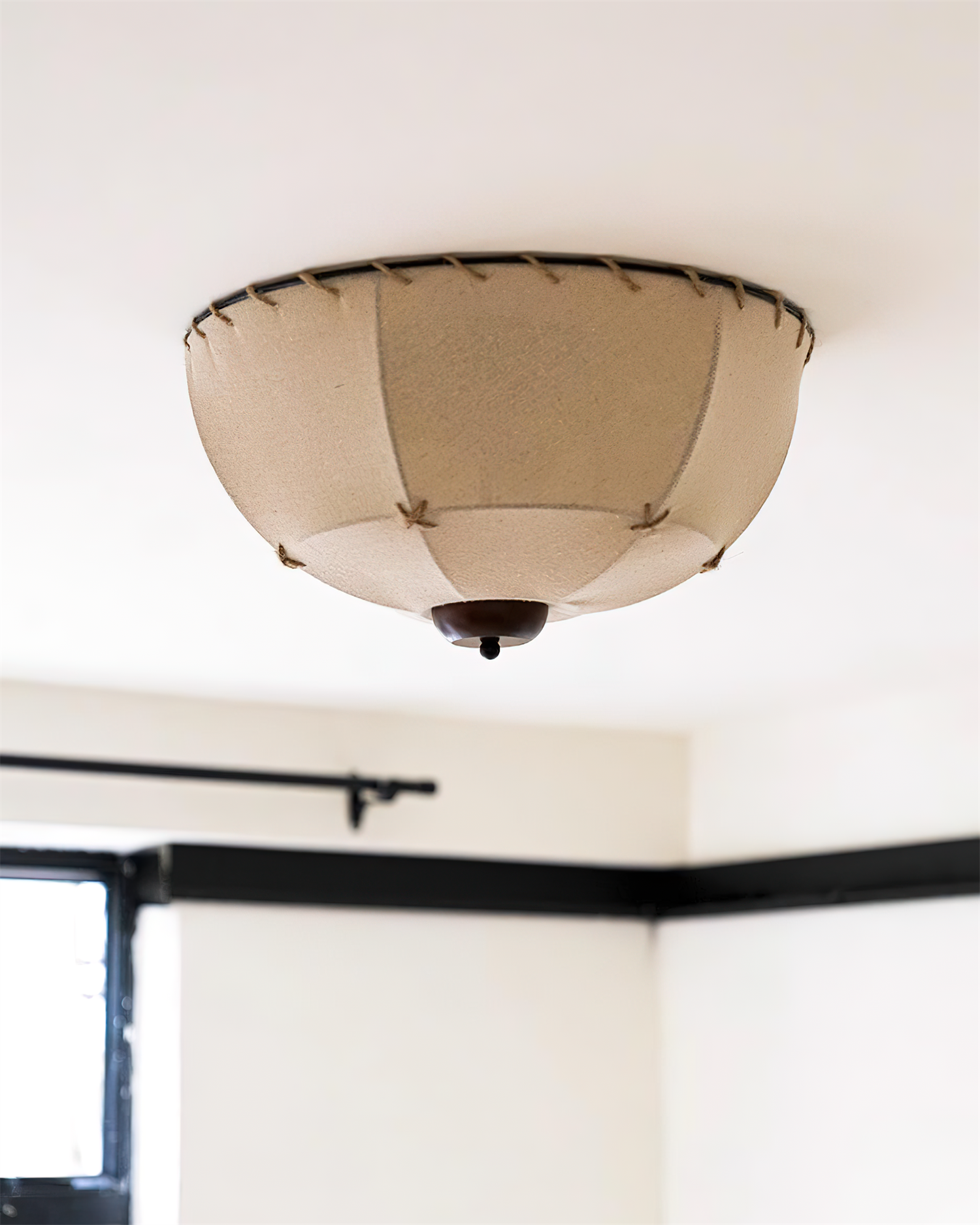 Ceiling Light Handcrafted Shade Wood and Fabric Rustic Fixture