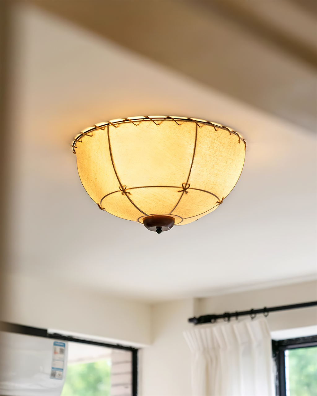 Ceiling Light Handcrafted Shade Wood and Fabric Rustic Fixture