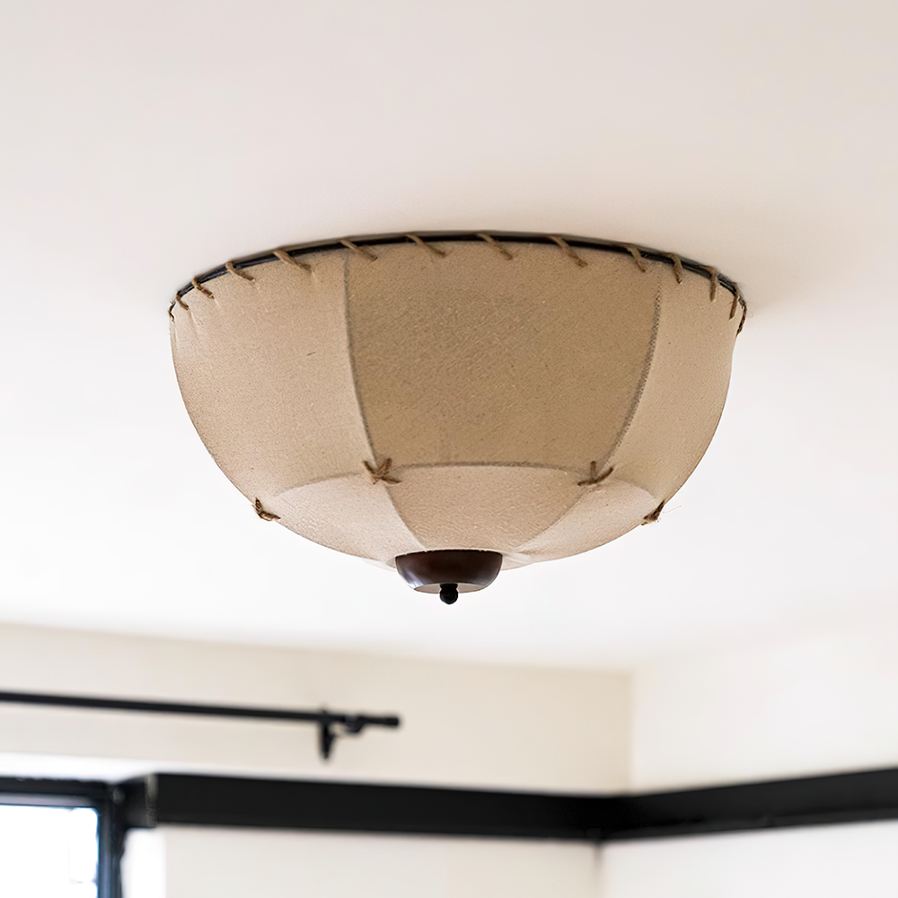 Ceiling Light Handcrafted Shade Wood and Fabric Rustic Fixture