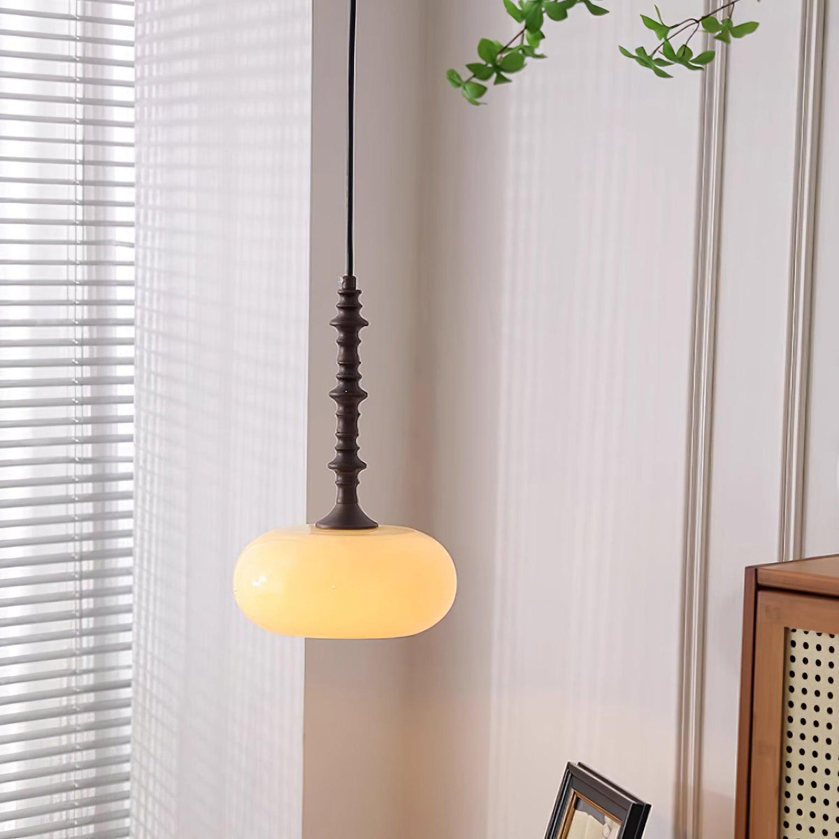 Pendant Lamp White Glass Shade Brown Turned Vintage