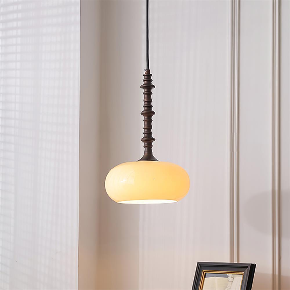 Pendant Lamp White Glass Shade Brown Turned Vintage