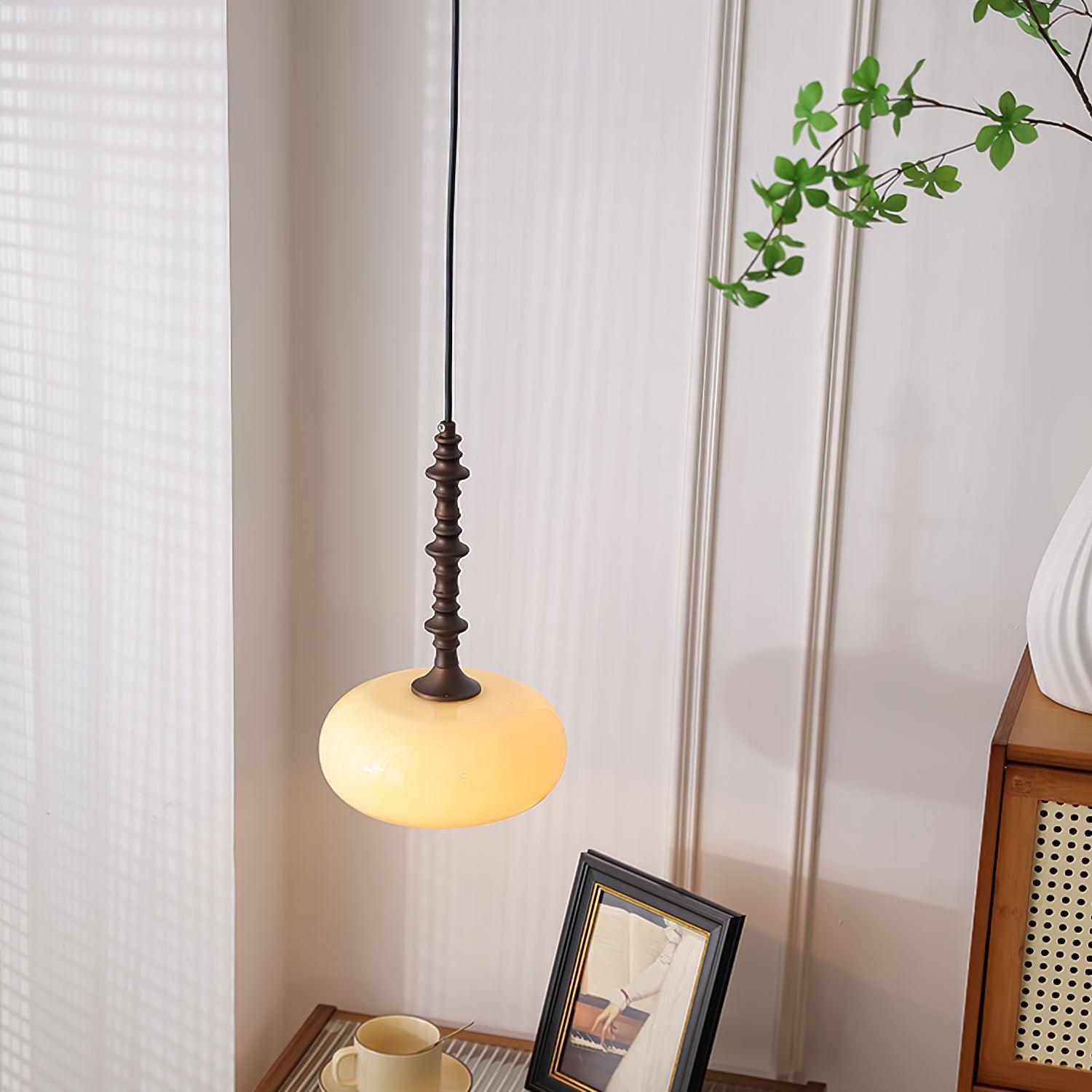 Pendant Lamp White Glass Shade Brown Turned Vintage