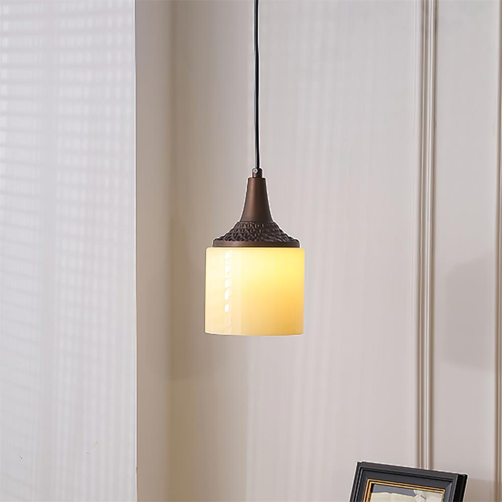 Pendant Lamp White Glass Shade Brown Turned Vintage