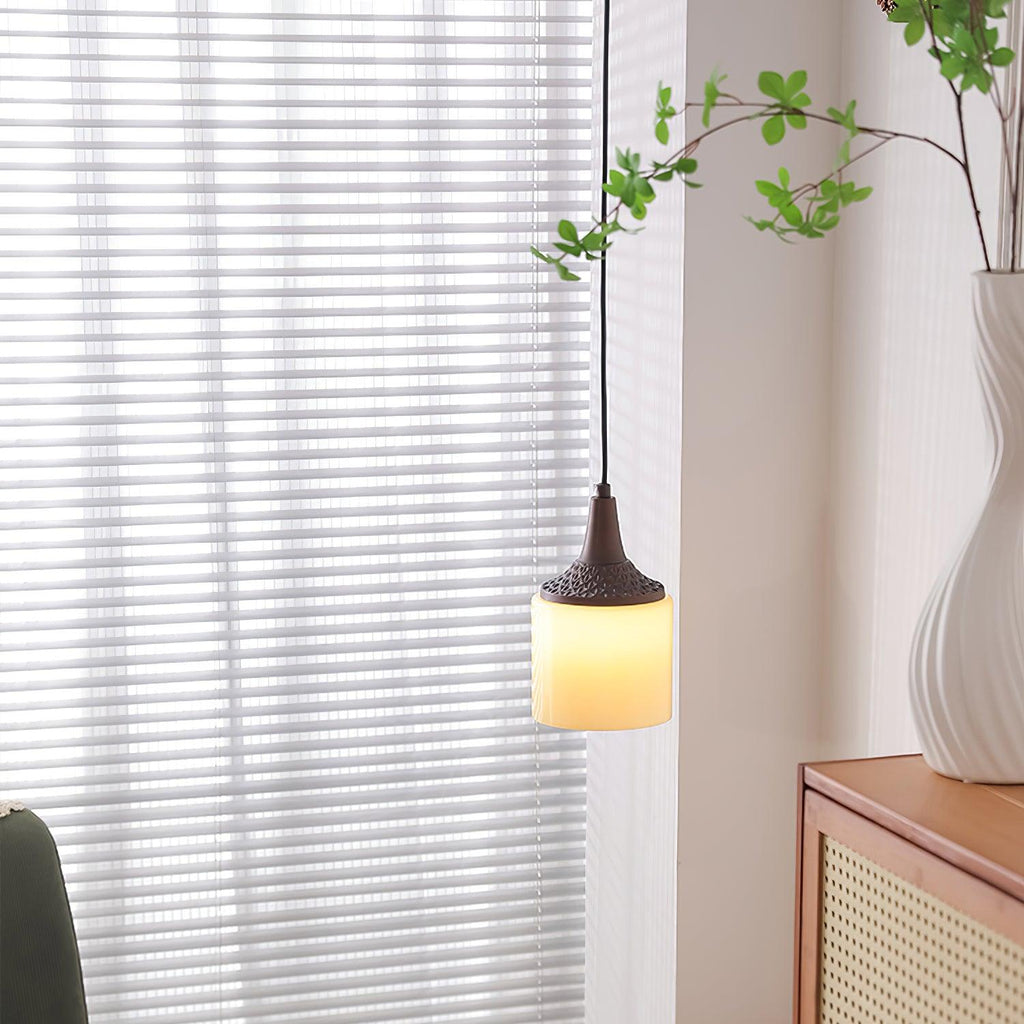 Pendant Lamp White Glass Shade Brown Turned Vintage