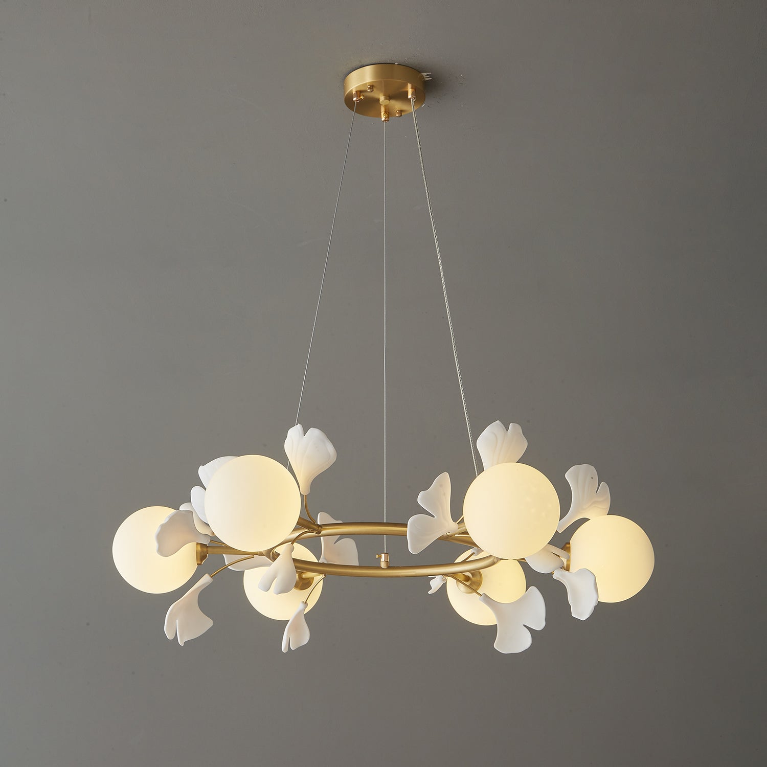 Olivia Ceramic Gingko Floral Brass Chandelier