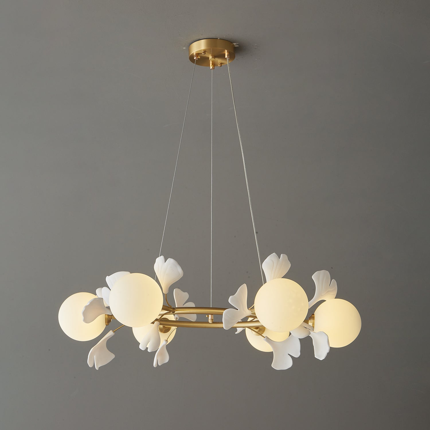 Olivia Ceramic Gingko Floral Brass Chandelier